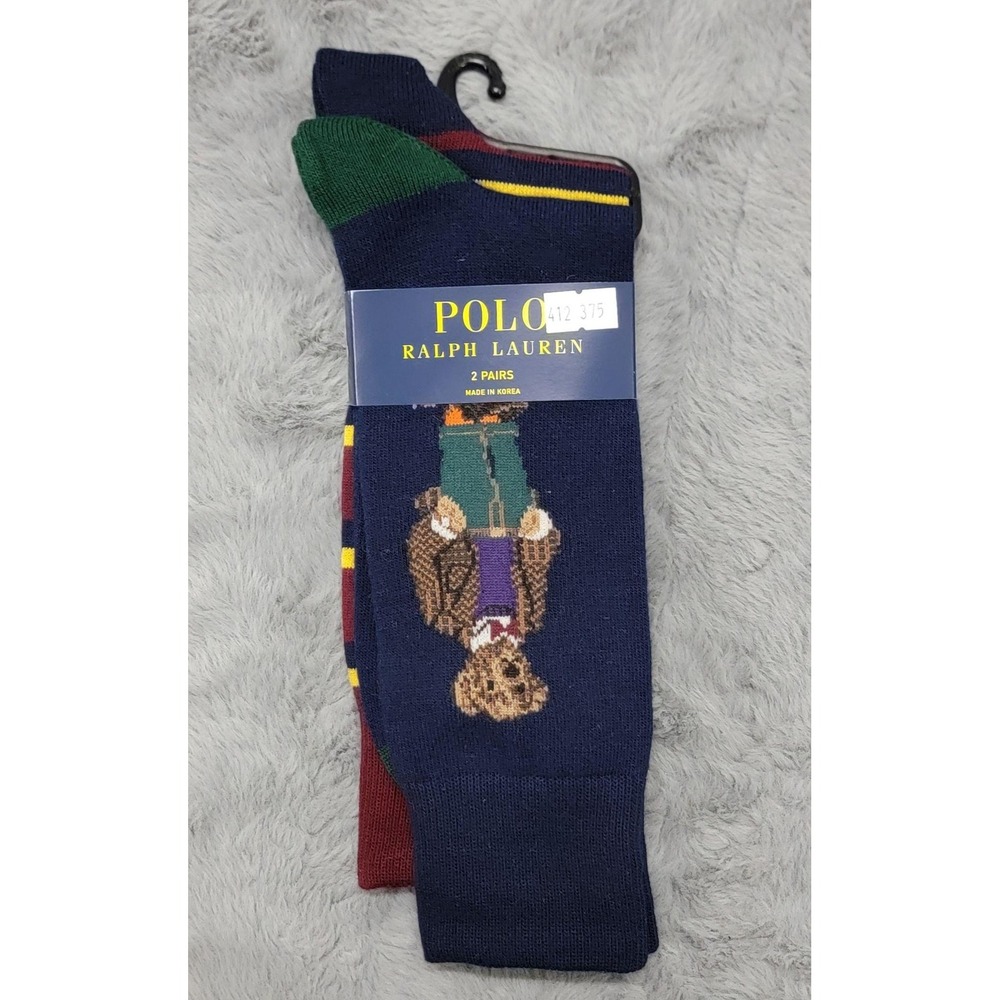 Polo Ralph Lauren Socks Mens 10-13 Preppy Heritage Polo Bear Stripe Crew 2 Pairs